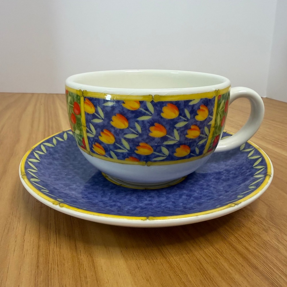 Vista‎ Alegre Portugal Horta Tea Cup and Saucer Set Blue Yellow Tulip Cherry